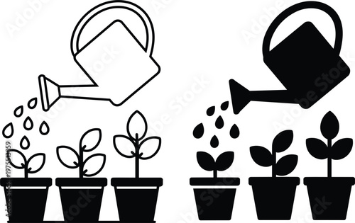 Watering plants illustration with watering can nurturing potted seedlings for growth