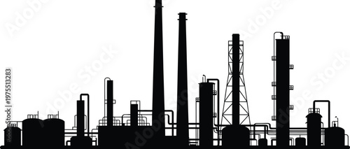 Black cityscape industrial complex with towers and structures silhouette high quality professional detailed vector illustration
