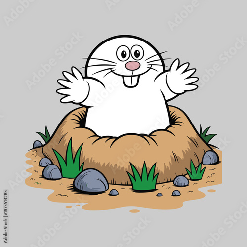 Cute cartoon mole emerging from a molehill
