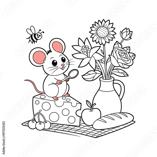 Cute mouse on cheese with picnic items