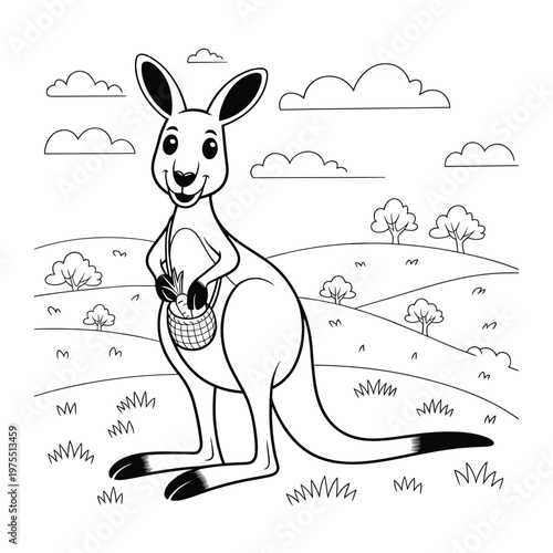 Smiling kangaroo holding basket coloring page