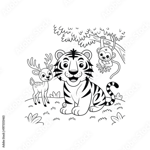 Jungle animals coloring page black and white