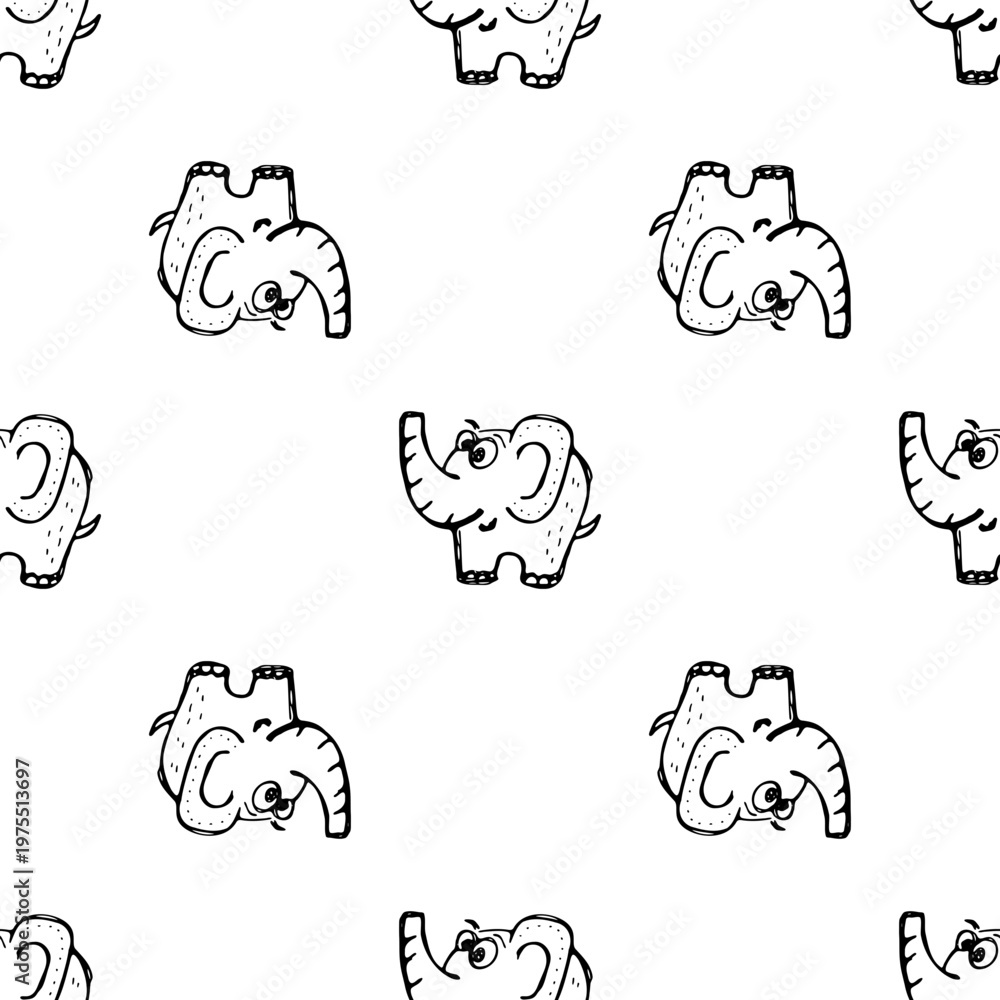 Obraz premium Seamless pattern of cute cartoon elephants with a hand drawn sketch style on a transparent background