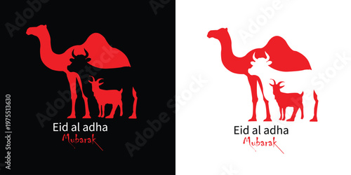 Eid Al Adha Mubarak the celebration of Muslim community festival background design with camel cow and goat paper cut style. Vector illustration