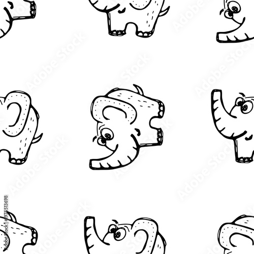 Hand drawn cartoon elephant faces in a seamless pattern on transparent background
