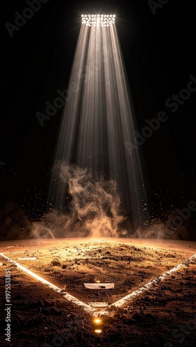 Baseball Field Under Dramatic Spotlight With Fiery Embers And Smoke