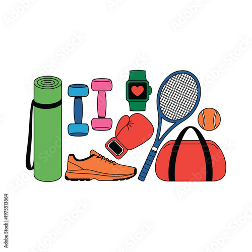 Fitness equipment flat lay colorful and fun