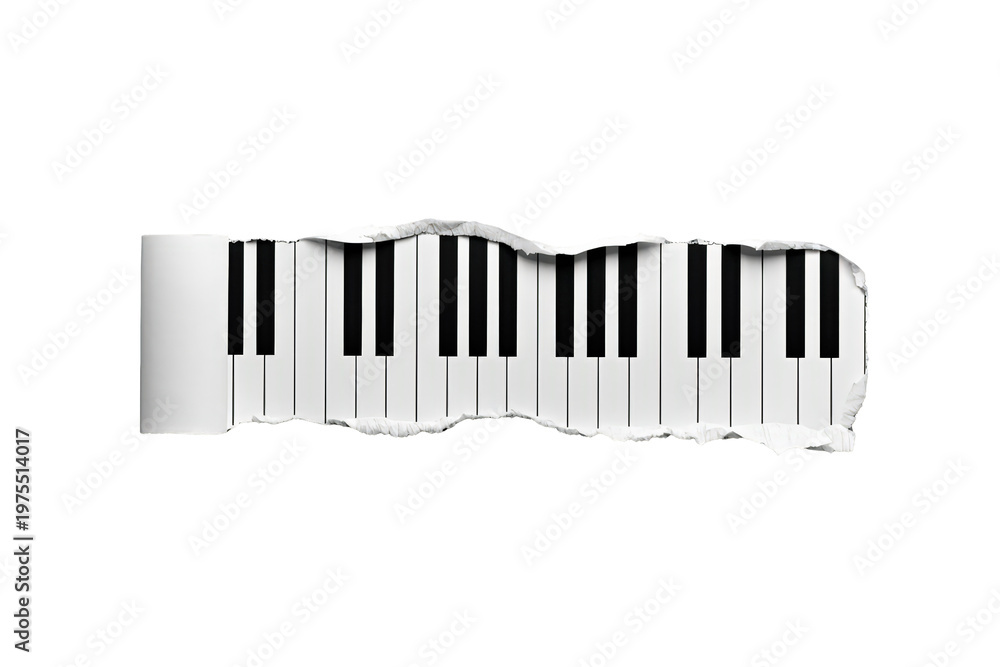 Fototapeta premium Piano key musical notes tearing through paper, concept of classical music instrument revealing sound and melody