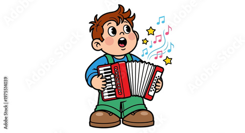Little boy playing red accordion musically.