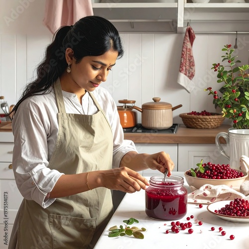 A woman preparing food in a kitchen with various ingredients