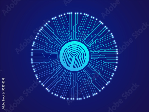 Futuristic AI fingerprint scanner and digital biometric robot eye authentication system with circuit board lines, representing high-tech cybersecurity, machine learning, advanced identity verification