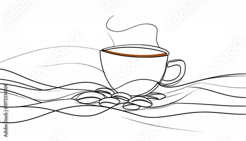 Minimalist coffee cup illustration with coffee beans and steam, line art style.