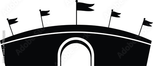 Black silhouette of castle bridge with fluttering flags dramatic visual representation high quality vector illustration