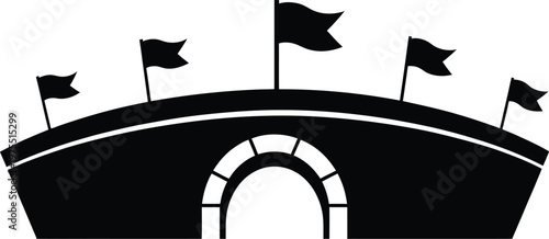 Black silhouette of castle bridge with fluttering flags dramatic visual representation high quality vector illustration