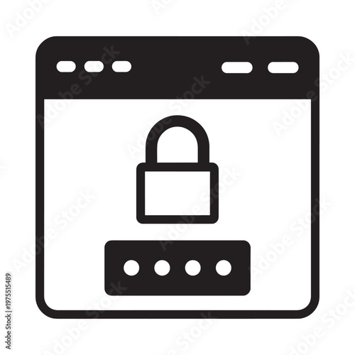 A black and white icon depicting a secured browser window with a padlock