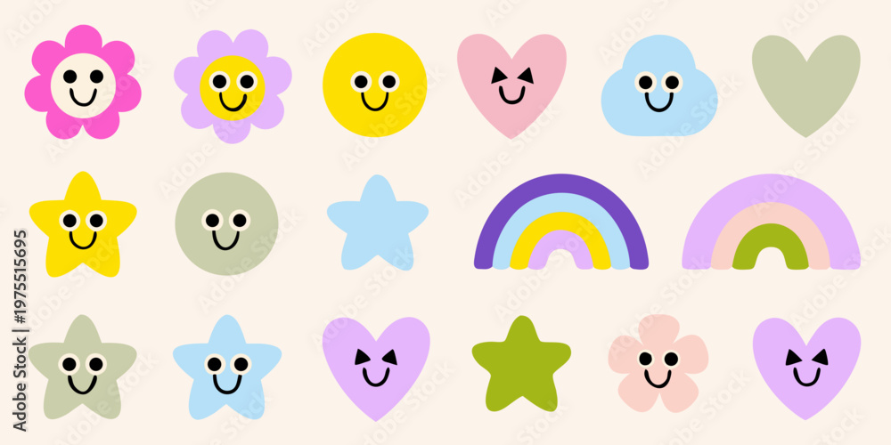 Fototapeta premium Colorful smiling shapes and rainbows create a whimsical playful pattern