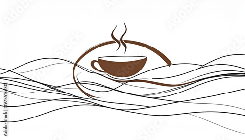 Minimalist coffee cup illustration with steam rising above a wavy background.