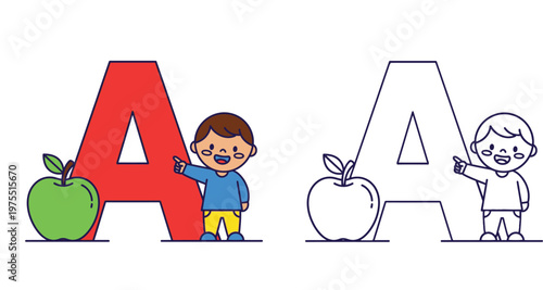 Educational alphabet letter A illustration set with a green apple and cute boy pointing. Includes colored and line art versions for kids' learning materials and coloring pages.