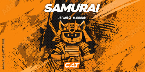 A samurai cat illustration with traditional armor and a vibrant orange backdrop