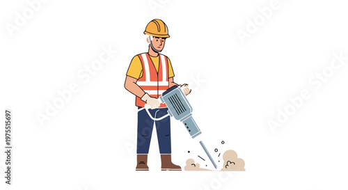 Construction worker using jackhammer on white background, professional road builder in safety vest and hard hat, industrial laborer with pneumatic drill