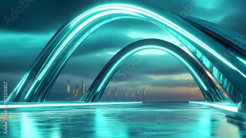 Futuristic bridge featuring a sleek arched design illuminated by vibrant neon lights at twilight