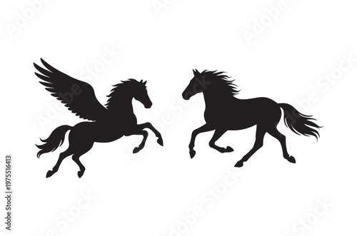 Silhouettes of a pegasus and a horse in dynamic poses