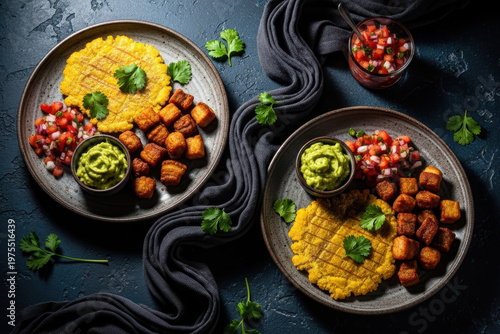 Traditional Colombian Bandeja Paisa with Arepa Guacamole Chicharron and Pico de Gallo, Overhead Food Photography