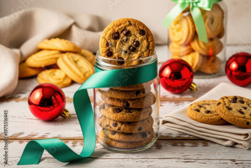 Chocolate Chip Cookies in Glass Jar with Teal Ribbon and Christmas Ornaments on White Wooden Table