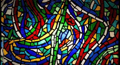 Vibrant Stained Glass Mosaic With Flowing Abstract Patterns In Red Blue Green Yellow And White Hues