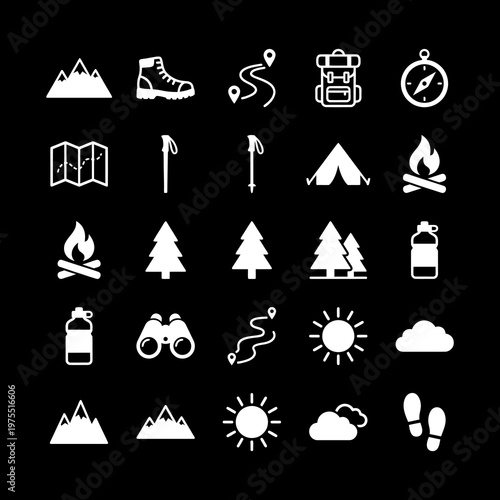 Camping icons and travel symbols.