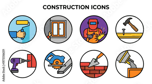 Modern Construction and Building Icons Set Featuring Essential Tools and Renovation Tasks