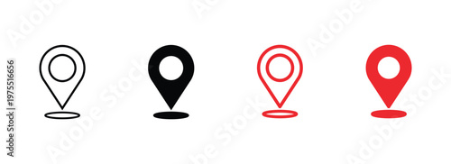 Location map pin icon set in outline and filled styles, black and red navigation address direction symbols vector illustration