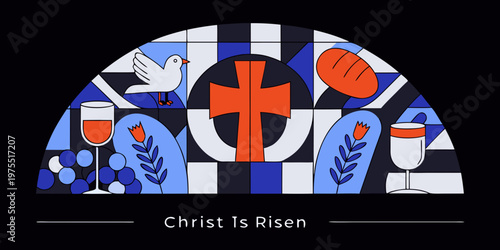 A colorful stained glass depiction featuring religious and celebratory symbols