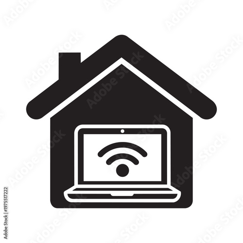 Work from home concept showing laptop with wifi signal inside house representing internet network remote vector graphic