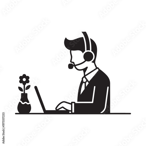 Customer support representative working on laptop with headset providing online assistance and remote service vector graphic icon