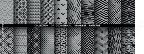Geometric set of seamless black and gray patterns. Simple vector graphics