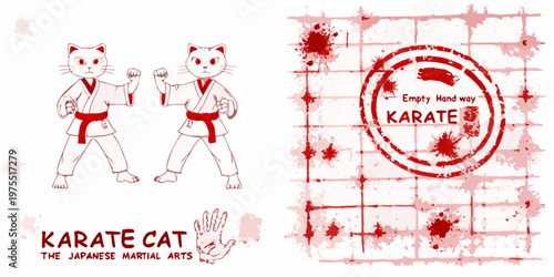 Two karate cats demonstrate a fighting stance with a japanese theme