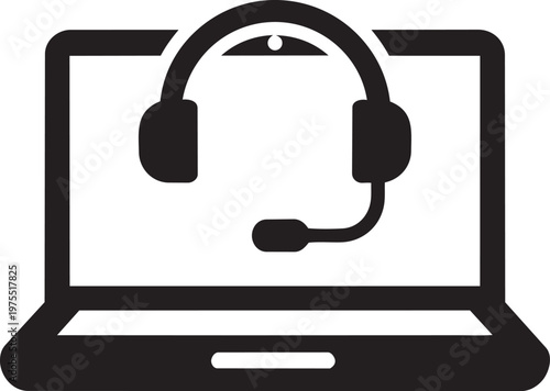 Laptop computer displaying headset online customer support representative service call center telemarketing help desk flat vector illustration