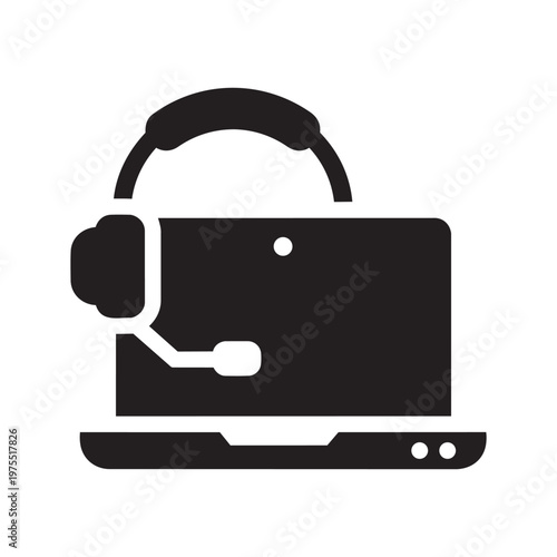 Laptop computer with headset online support customer service client assistance operator communication remote working flat vector icon