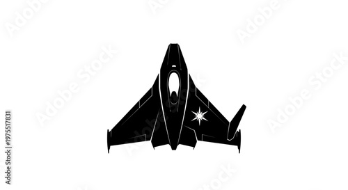 Minimalist Spacecraft Silhouette with Star Icon on Isolated White Background