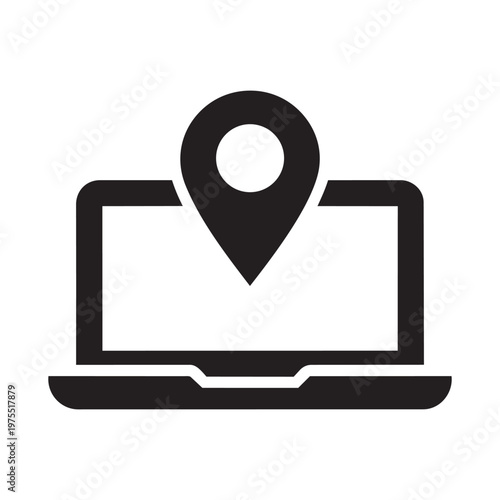 Laptop computer displaying map location pin online work destination gps navigation internet search tracking flat vector illustration