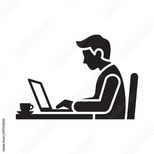 Man working on laptop at desk representing remote work home office professional business internet online vector graphic