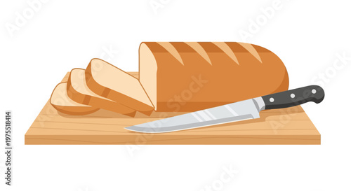 Sliced loaf of bread on cutting board.