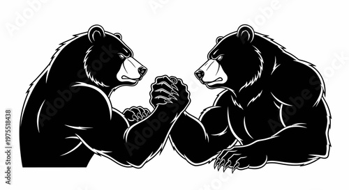 Two bears arm wrestling together strongly.