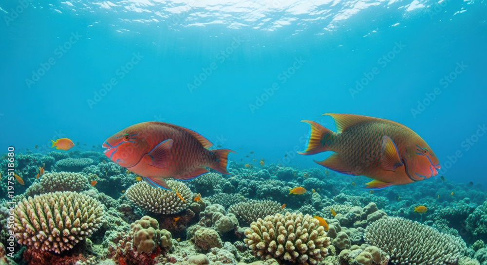 Fototapeta premium Coral reef with colorful fish swimming in crystal clear water 