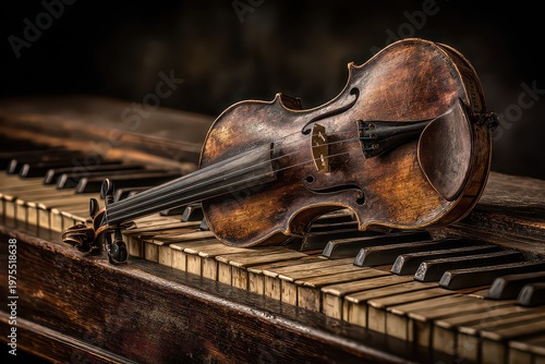 Detailed close-up of an antique violin with intricate wood grain resting on the worn keys of an old piano with warm dramatic lighting creating a moody atmosphere of musical history and artistry