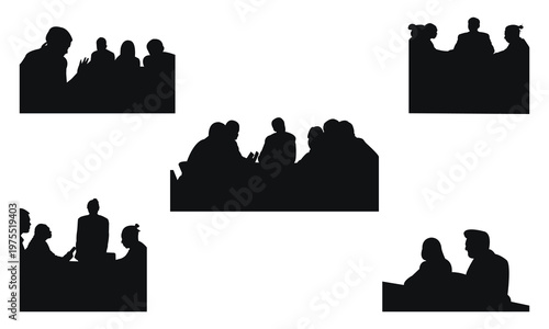 Silhouette group of diverse people sitting in office meeting or business seminar discussion set collection on white background professional corporate teamwork communication concept