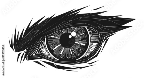 Geometric Robotic Eye with Digital Circuit Board Patterns and Sharp Eyelashes