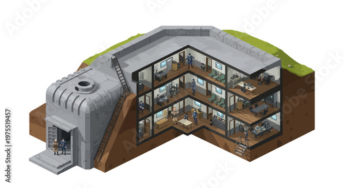 Detailed 3D isometric illustration of a military headquarters with living quarters inside a concrete bunker, showing the multi-level interior layout and construction against a plain white