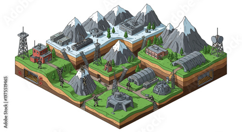 Isometric 3D military base design featuring a detailed army camp and headquarters among snow-capped mountains, rendered with a clean vector style on a white background